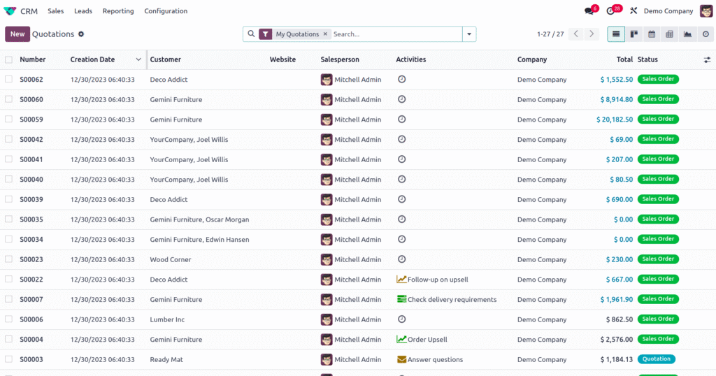 Dedicated Sales Management Window — Odoo CRM